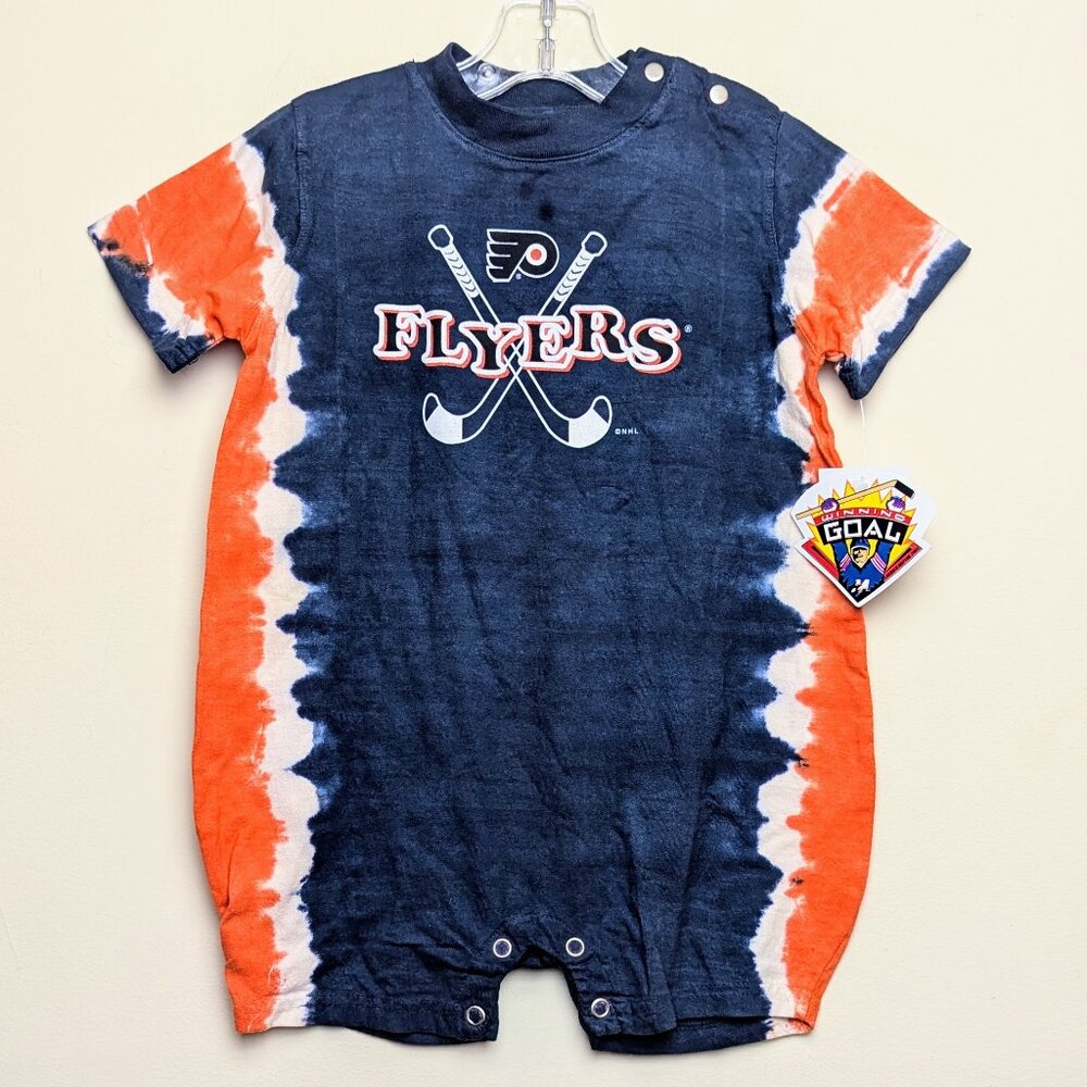 Vintage 90s Mighty Mac Philadelphia Flyers NHL Tie Dye Bubble Romper NWT Size 4T